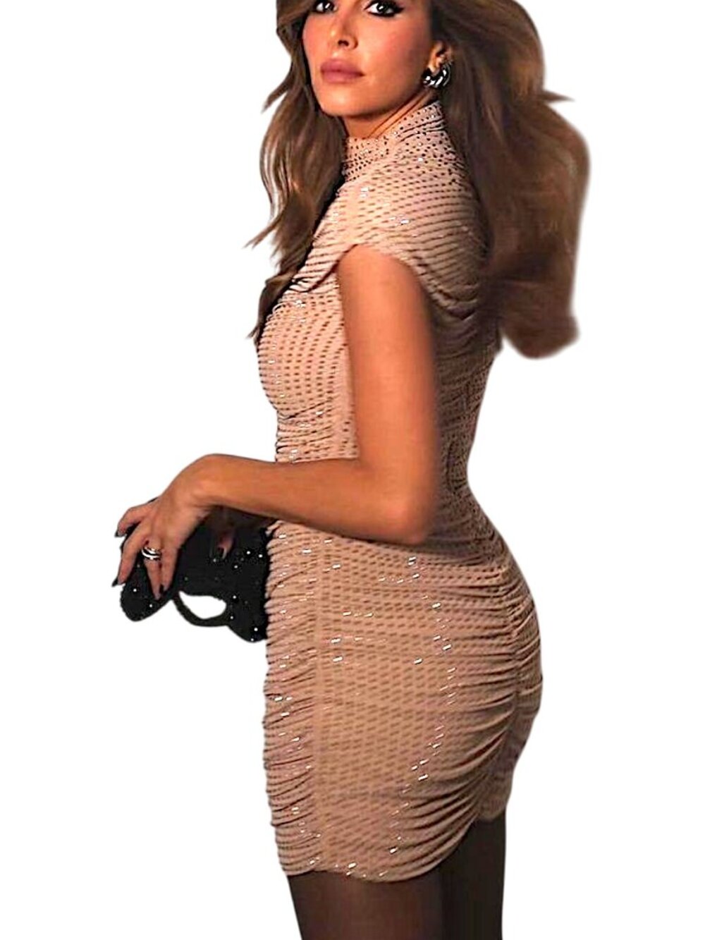 NWOT Zara Studded Mesh Ruched Bodycon Mini Dress XS Nude Hematite